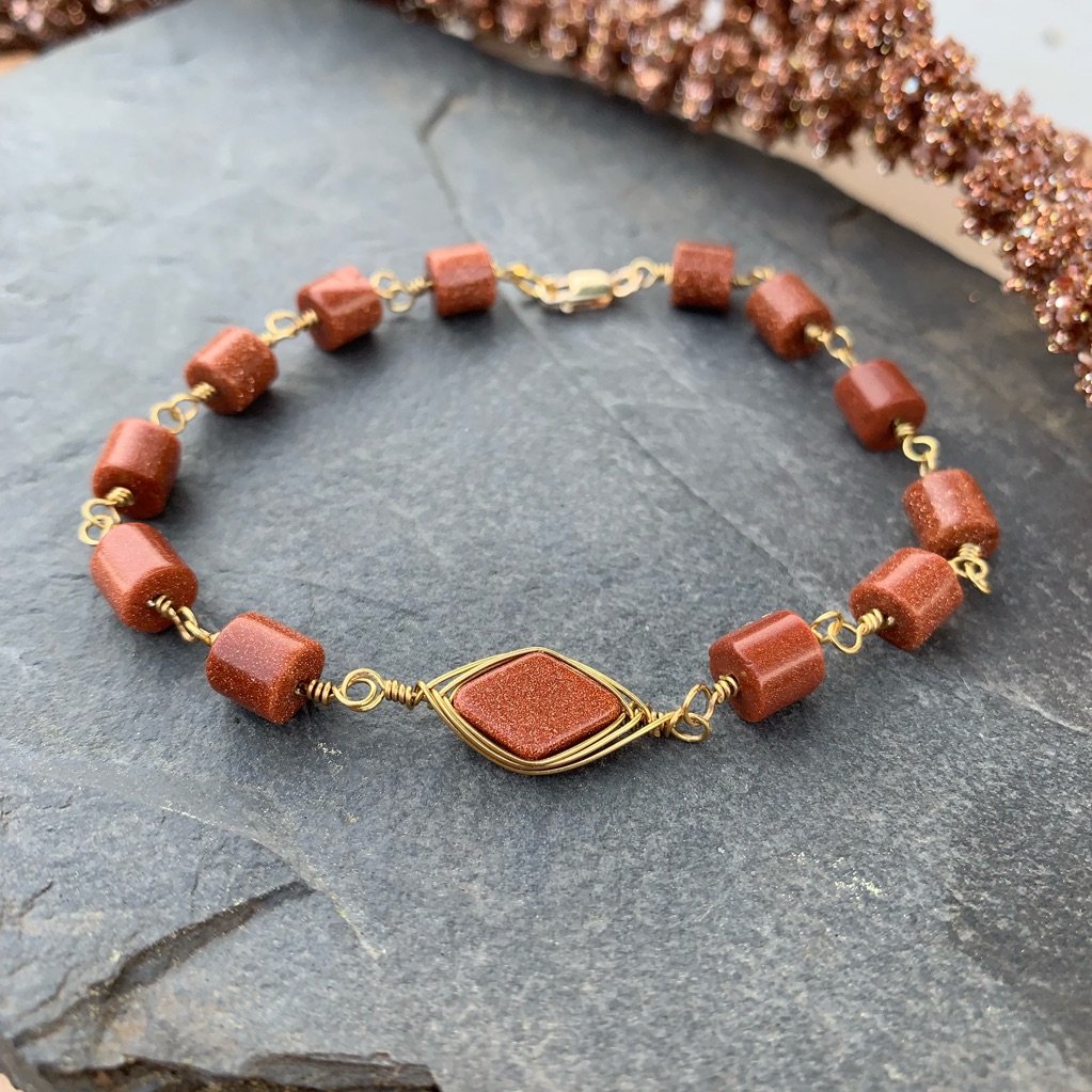 Gold Sandstone Gemstone Wire Wrap Bracelet